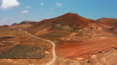 Deserted volcanic landscape. Red barren hills. Aerial wide shot of badlands Stock Footage 209372753