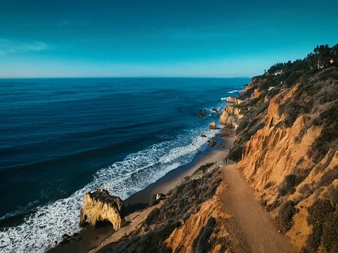 Deserted Wild El Matador Beach Malibu California Aerial Ocean View Stock Footage