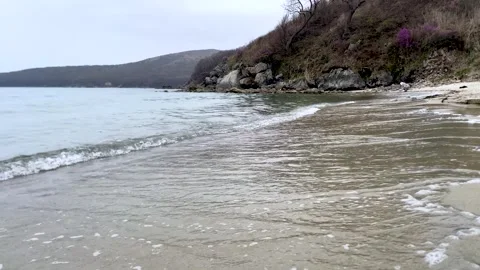 Deserted wild sandy beach with a rocky shore in the distance. Stock Footage 309733827