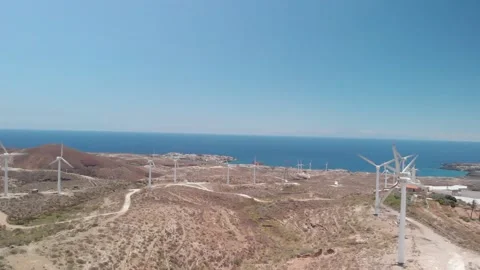 Desertic landscape. Electric windmill. Arico. Tenerife. Aerial view. Drone. 스톡 동영상 158434985