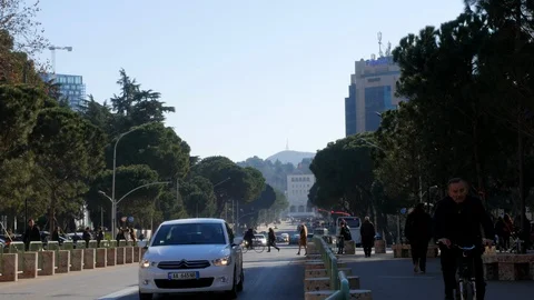 Deshmoret e Kombit Boulevard Tirana Albania Street Traffic People 4k Stock Footage 114850941