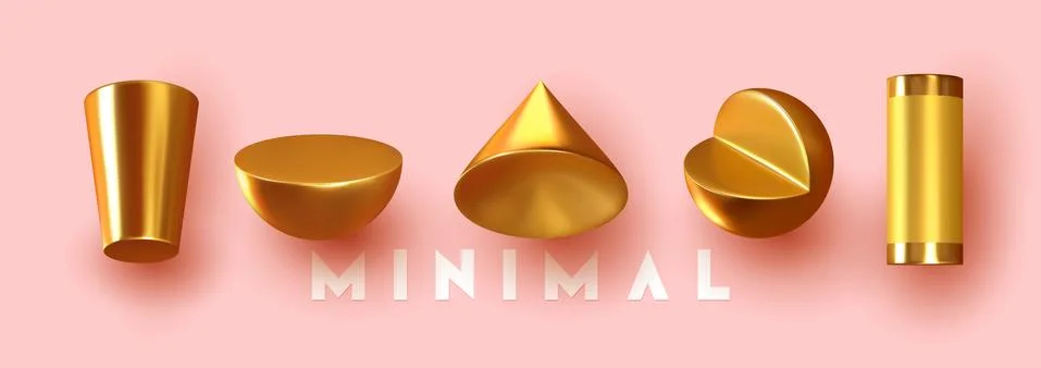 Design of 3d elements, objects of different geometric shapes, gold metallic c Stock Illustration