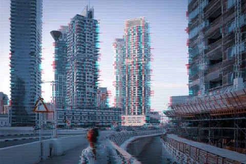 Design of 3d pattern with city glitch. Digital pixel noise error. Abstract Stock Illustration