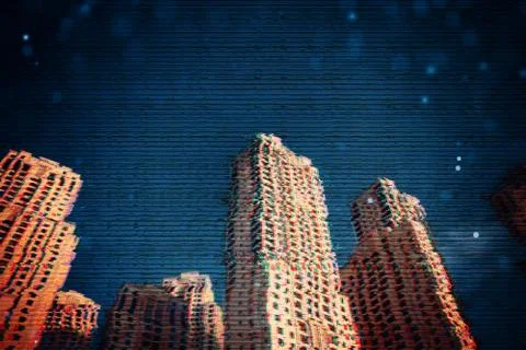 Design of 3d pattern with city glitch. Digital pixel noise error. Abstract Stock Illustration