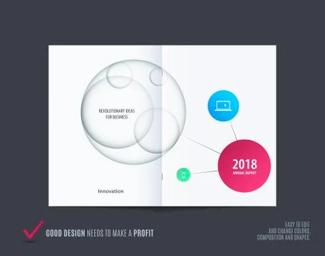 Design of abstract double-page brochure with colourful circles, quares Stock Illustration