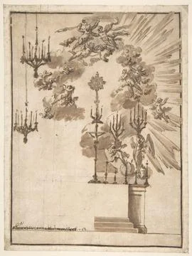 Design for an Altar for Easter Week Celebrations Decorated with Putti and C.. Illustrazione stock