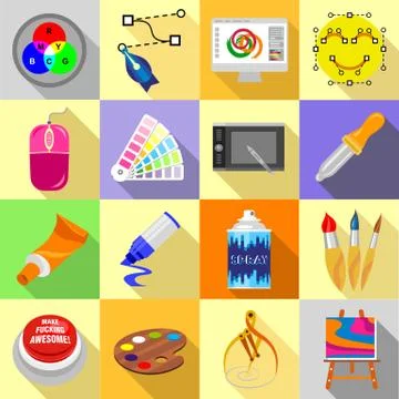 Design and drawing tools icons set, flat style Stock Illustration