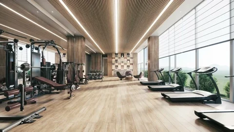 Design and equipment in modern gym. 3d visualization Stock-Footage 204874053