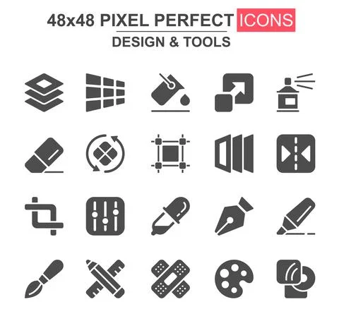 Design and tools glyph icon set. Pen, crop, eraser, color palette, selection, Stock Illustration