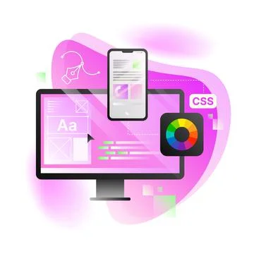Design Application Illustration. Pink Computer Desktop with Online Editing Tools Illustrazione stock