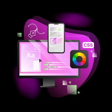 Design Application Illustration. Pink Computer Desktop with Online Editing Tools Illustrazione stock