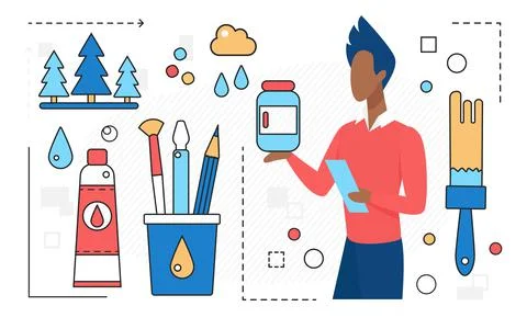 Design from art studio, man character with mobile phone and artist tools line Stock Illustration
