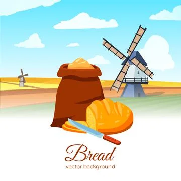 Design bakery label with windmill on field, bag of flour and freshly baked bread Stock Illustration