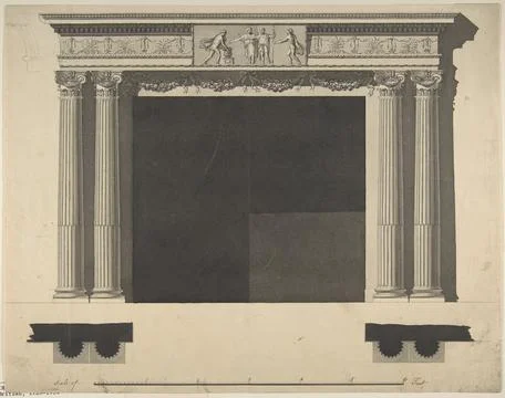 Design for a Chimneypiece with Ionic columns, a Frieze, and Cornice 174396 .. Stock Illustration