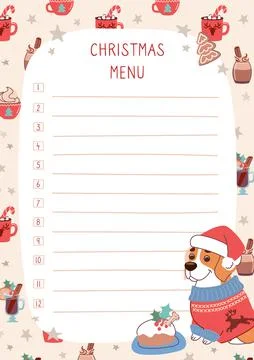Design of the Christmas menu in a flat style. A funny dog in a Christmas sweater Stock Illustration
