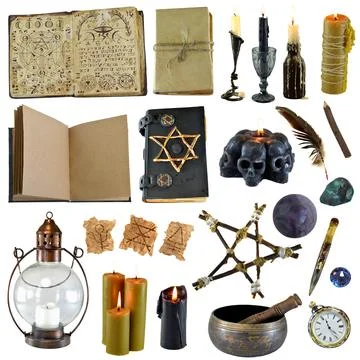 Design clip art set with magic book of spells, candles, pentagram and witch o Stock Photos