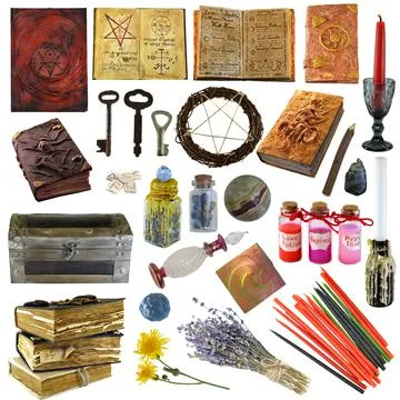 Design clip art set with magic book of spells, candles, lavender flower, crys Fotos de archivo