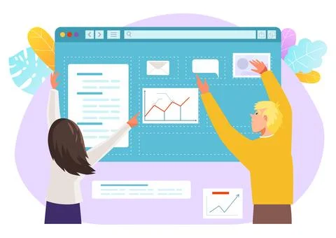 Design computer programming, vector illustration, flat man woman character make Stock Illustration