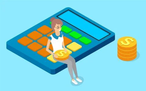 Design concept to count money. Vector illustration of a girl holding coin Stock Illustration