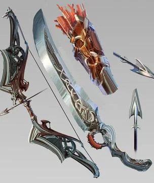 Design concept of melee range weapon sets of sword arrow and bow Stock Illustration