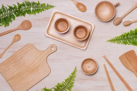 Design concept of mockup arious kitchenware utensils set on table. Stock Photos