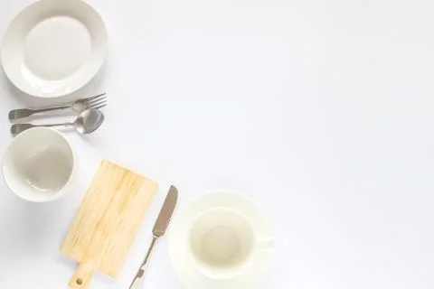 Design concept of mockup various kitchenware utensils set on white background Stock Photos