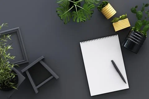 Design concept - top view of white A4 flipped paper with black clipboard, pot Stock Illustration