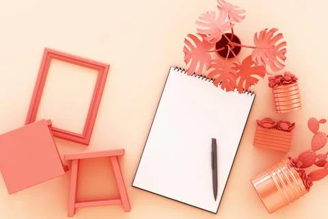Design concept - top view of white A4 flipped paper with black clipboard, pot Stock Photos