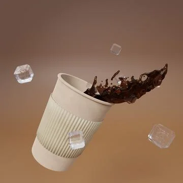 .Design of a cup with coffee ice cubes pouring out. 3D rendering for advertis Stock Illustration