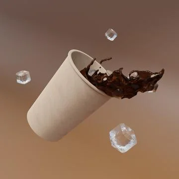.Design of a cup with coffee ice cubes pouring out. 3D rendering for advertis Stock Illustration