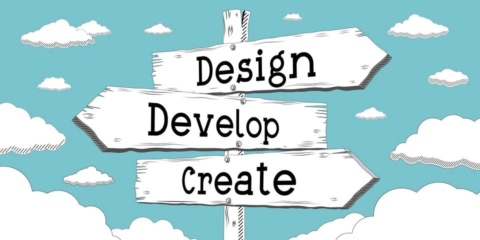 Design, develop, create - outline signpost with three arrows 스톡 일러스트