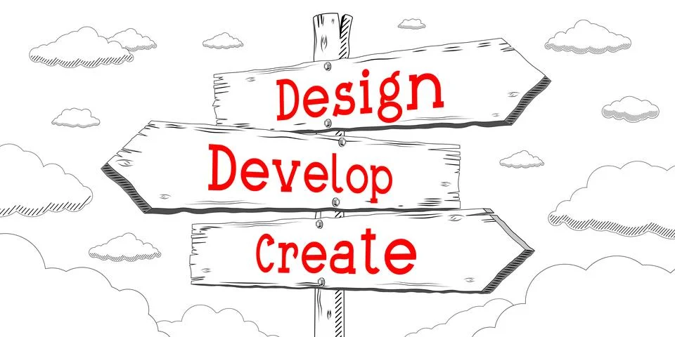 Design, develop, create - outline signpost with three arrows イラスト素材