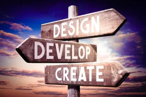 Design, develop, create - wooden signpost, roadsign with three arrows 스톡 일러스트
