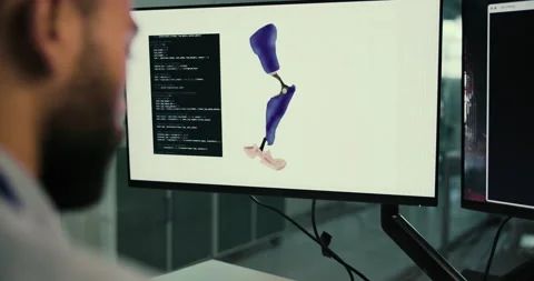 Design, development and person at computer screen with prosthetic leg, coding or Stock Footage 283661437