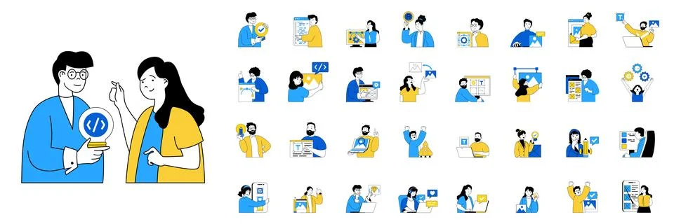 Design development concept with character situations mega set in flat web d.. Illustrazione stock