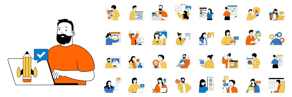 Design development concept with character situations mega set in flat web des Illustrazione stock