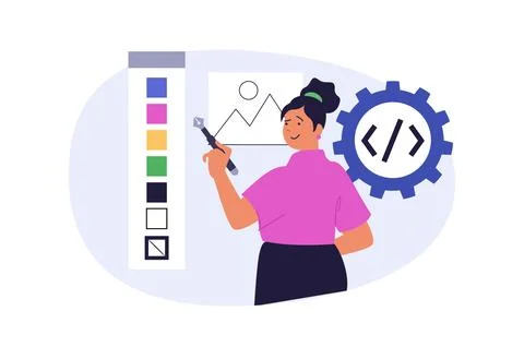 Design development concept in modern flat design for web. Woman prototyping w Illustrazione stock