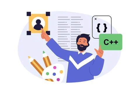 Design development concept in modern flat design for web. Man creating homepa Illustrazione stock