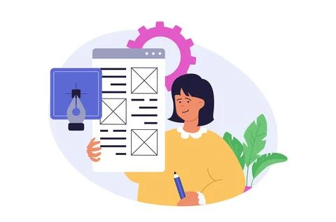 Design development concept in modern flat design for web. Woman building la.. Stock Illustration