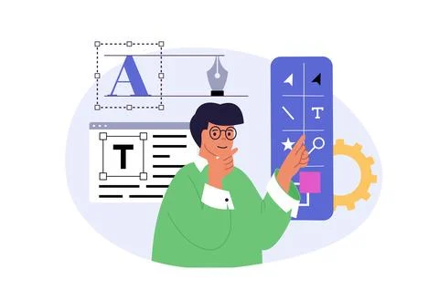 Design development concept in modern flat design for web. Man brainstorming,  Illustrazione stock