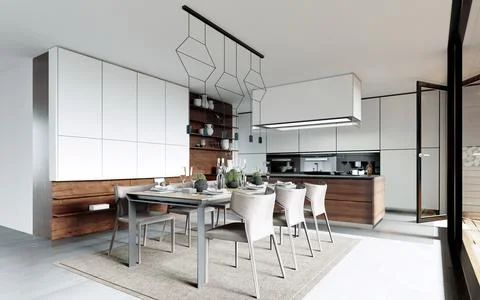 Design dining table set in the kitchen. Contemporary style. 스톡 일러스트
