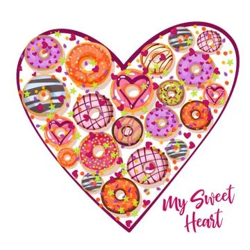 Design from donuts in the heart form. Culinary pastries background for St 库存插图