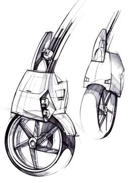 A design drawing of a compact vehicle based on osmo wheels. Stock Illustration