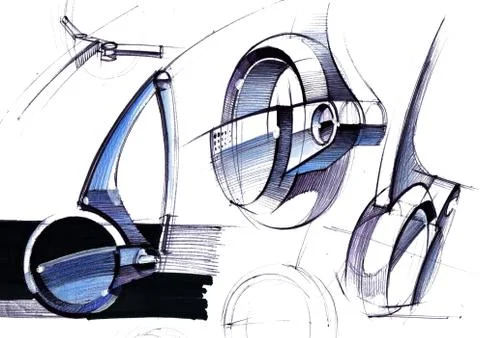 A design drawing of a compact vehicle based on osmo wheels. Stock Illustration