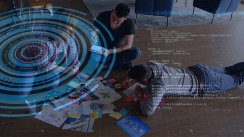 Design duo on floor scrolling device and enabling blue HUD overlay while Stock Footage 333211166