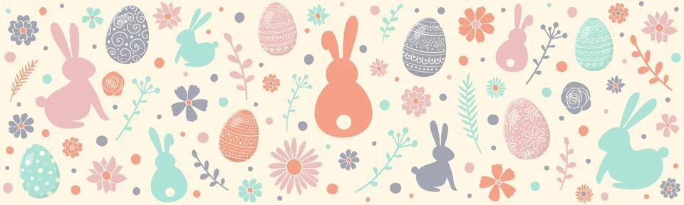 Design of Easter banner. Decorative eggs, bunnies and flowers on white backgr Stock Illustration