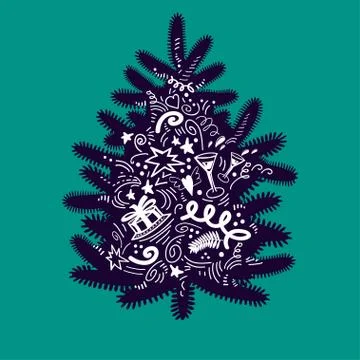 Design element with Christmas tree and symbols of New Year in doodle style. Stock Illustration