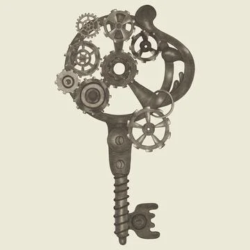 Design Element Hand Drawn Illustration of Vintage Steampunk Key Isolated on L Illustration
