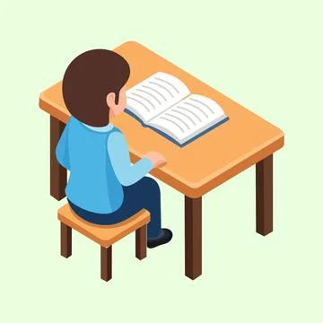 Design element Illustration of a boy sitting reading a book at a wooden table Stock Illustration