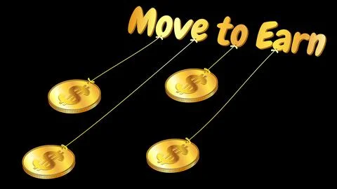 Design element with Move to Earn concept with inscription pulling dollar coins Stock Illustration